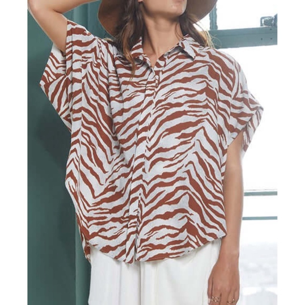 Bucket List BUTTON DOWN HIDDEN PLACKET HIGH LOW TOP IN BROWN ZEBRA PRINT